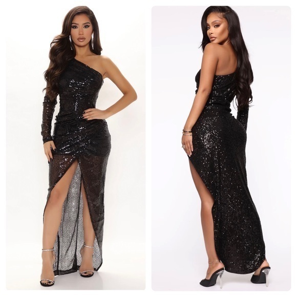 Fashion Nova Asymmetrical Sequin One Shoulder Long Sleeve High Rouched Slit Gown - Picture 1 of 3
